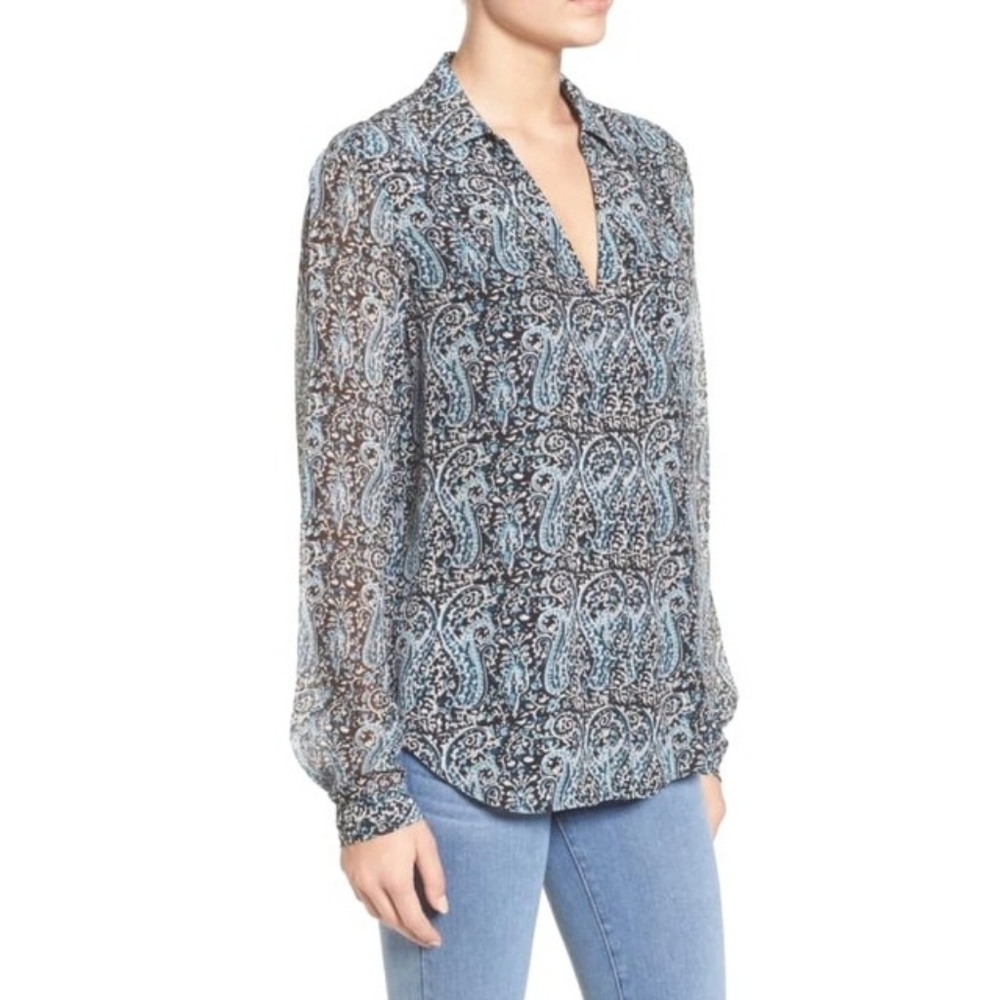 Paige Everleigh silk button down shirt black blue paisley Sheer Women's small